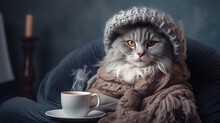 Comfy Grey Cat In Covered With Wool Clothes Drinking A Hot Beverage Cup In Cosy Home , Winter Ambiance Background
