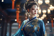 Chinese girl wearing blue Tang style attire loose dress and refined hairstyle