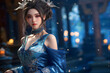 Chinese girl wearing blue Tang style attire loose dress and refined hairstyle