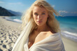 © Keitma - Beautiful gorgeous Nordic blonde haired blue eyed teenager girl as an ancient Greek priestess with long flowing blonde hair and beach background