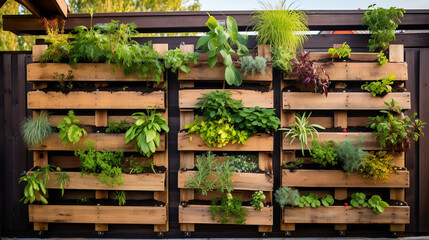 Recycled pallets with hanging plants creating a vertical garden