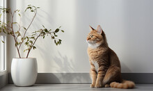 Cute Orange Red Cat Sitting On Grey Floor In Living Room,watching Trough The Window.Modern Stylish Room With Sun, Copy Space