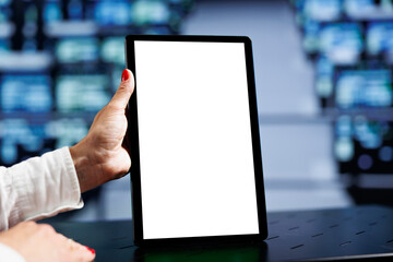 Poster - Close up shot of mock up tablet used by qualified IT programmer in data center using server rigs to deliver massive computing power, control network resources, process and store datasets