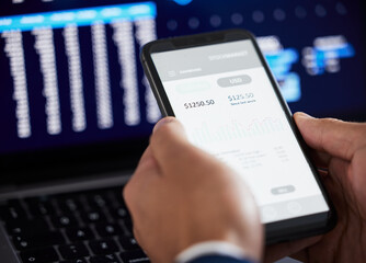 Poster - Hands, phone and man trading on stock market, fintech app or cryptocurrency savings. Closeup of financial trader, broker and screen of tech for data statistics, banking investment or stocks dashboard