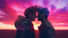 Two Gay Guys Kissing Facing Each Other On A Synthwave Colors Sunset With Hair Blowing In The Wind