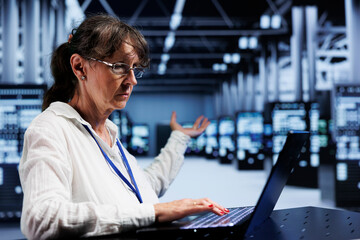 Poster - Old proficient electrician struggling to fix high tech facility servers providing computing resources needed for AI to process extensive datasets for machine learning training