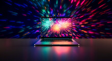 Open Laptop With Fireworks Display, New Year And Celebration Concept, Copy Space 