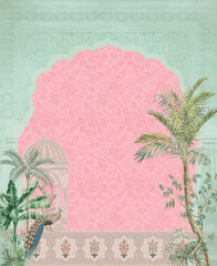 Mughal decorative garden, arch, floral pattern with peacock frame for wedding invitation