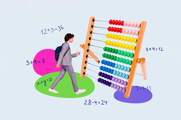 Sticker - Creative collage picture of mini walking boy carry rucksack big abacus bead calculator maths count equation isolated on grey background