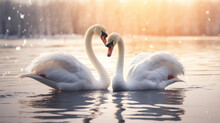 A pair of swans are dancing on the lake. They lean on each other. Their feathers are as white as snow. They look very elegant against the lake.