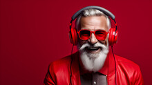 Portrait Of A Senior Man Smiling And Listening To Music On Headphones, Wearing Red Sunglasses. Generative AI