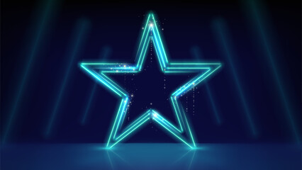 Wall Mural - Neon star on blue background. Glowing led stars. Stage. Sparkling neon star, led lines. Stage light, backdrop for displaying products, montage. Awards ceremony. Vector illustration