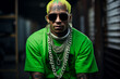 Tough rapper portrait with face tattoos and gold chains, lime green hair and clothing on dark background
