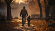 © Keitma - Rear view of a boy riding a bicycle whit his father next to him. Father teaching his son to ride a bicycle.
