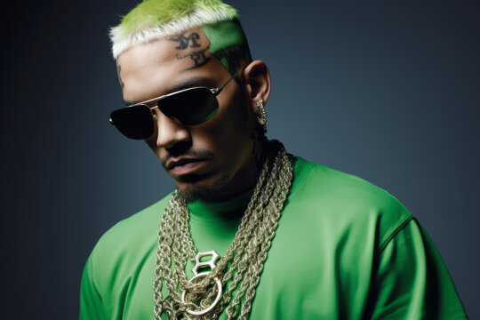 tough rapper portrait with face tattoos and gold chains, lime green hair and clothing on dark backgr