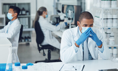 Canvas Print - Lab, stress and scientist thinking of research in a laboratory worried to fail, mistake and problem with face mask. Error, anxiety and man with fatigue due to medical or healthcare development