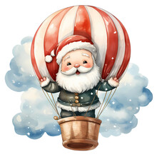 Santa Claus In A Balloon Watercolor Clipart