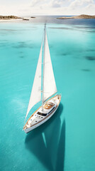 Aerial image of beautiful sailboat cruising in blue open ocean. Luxury white yacht. Generative AI