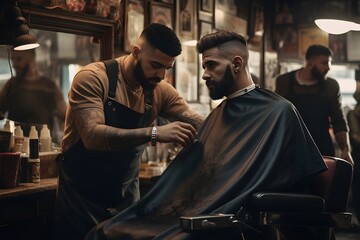 Wall Mural - Unity in diversity: A team of diverse barbers skillfully working together in a bustling barbershop environment