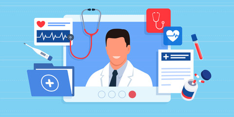 Professional online doctor giving advice on virtual screens