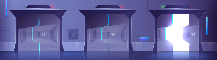 Futuristic spaceship wall with open and closed metal gates. Vector cartoon illustration of fantasy spacecraft interior, entrance to modern scientific laboratory, fantastic space hotel, bunker hallway