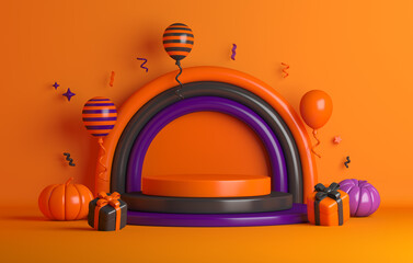 Wall Mural - Happy Halloween circle display podium decoration background with pumpkin, gift box, balloon product display mock up, 3d rendering illustration