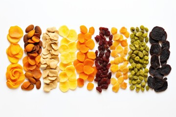 Wall Mural - Row of dry fruit and vegetable chips on white background. 