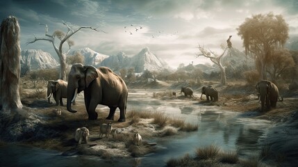 Wall Mural - GAME DESIGN BACKGROUND: 10,000 BC forests habitat for a vast array of creatures: elephants and mammoths, tigers, primates, birds, reptiles, and insects. AI-generated