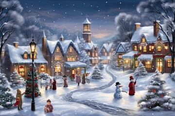 Painted charming snowy village scene with houses covered in twinkling lights and snowmen standing tall, evoking the nostalgic charm of a white Christmas - Generative AI