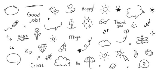 cute doodle pen line elements. heart, bubble, doodle, arrow, star, icon, shiny ornaments set. simple