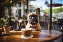 Cute Bulldog Puppy Sitting On The Table With Cup Of Coffee In The Cafe 