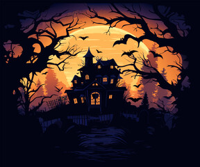 vector halloween night background. creepy halloween castle. scary castle with trees vector illustration on violet background.