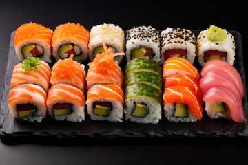 Wall Mural - A set of fresh sushi rolls with salmon, avocado. Japanese sushi on white background