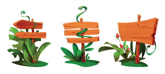 Poster - jungle plant on game wood sign board ui cartoon vector. forest signboard banner with amazon liana, g