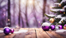 Christmas Tree, Generative  With Purple Decoration, Snow And A Winter Background With Copy Space