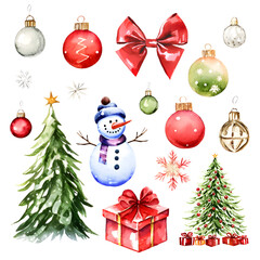 Merry Christmas watercolor set of traditional decor and elements. Tree, gift boxes, bows and bolls. Elements of a Christmas mood on a white background.