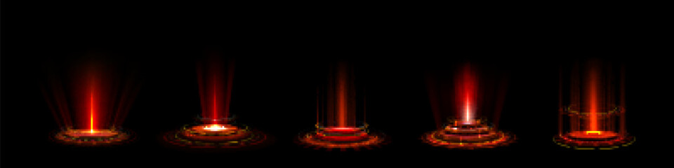 Poster - Red light game circle portal with hologram effect. Ui vector teleport podium with magic glow and hud fantasy futuristic element. Cyber abstract vortex round laser pedestal for product display.