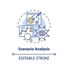 Sticker - 2D editable scenario analysis thin line icon concept, isolated vector, multicolor illustration representing overproduction.