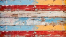 Old Rustic Abstract Painted Wooden Wall Table Floor Texture - Grunge Red Blue Yellow White Painting Shabby Peeled Off Wood Background (Generative Ai)