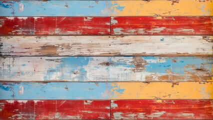 old rustic abstract painted wooden wall table floor texture - Grunge red blue yellow white painting shabby peeled off wood background (Generative Ai)