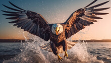 Eagle Soaring Over Water. Majestic Flight And Powerful Hunt. Wildlife Predator In Alaska. Freedom And Pride In American Skies. Nature Beauty. Protecting Its Prey With Sharp Eyes And Feathered Wings.
