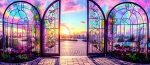 Four Large Iron Gates Open In The Sun With Flowers