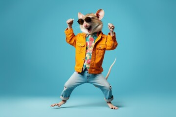  Rat wearing colorful clothes dancing on the blue background