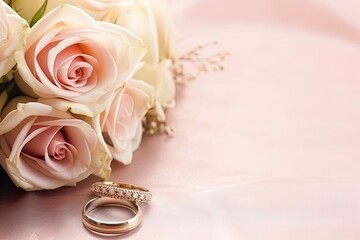 wedding rings and bridal flowers bouquet, copy space
