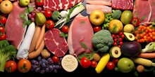 Different Types Of Meats, Vegetables, And Fruits Lay In Supermarkets. 