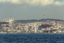 View Of The Camlica Mosque On The Hill In The Asiatic Side Of Istanbul Along The Bosphorus, Turkey.