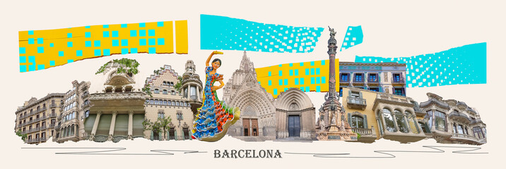 Wall Mural - Contemporary art collage. Design in modern contemporary retro style about Barcelona