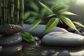  zen stone with bamboo. Spa photo concept. generative ai
