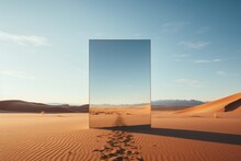 Desert Landscape With Sand Water And Square Mirror Under The Clear Blue Sky. Ai Generated