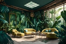 Landscape Tropical Living Room Pastel Armchair Birds Trees Forest Jungle Style Green Botanical Trees Plants Leaves Mockup Frame For Wall Art Image Luxury Sofa Couch Coffee Table Chair 3d